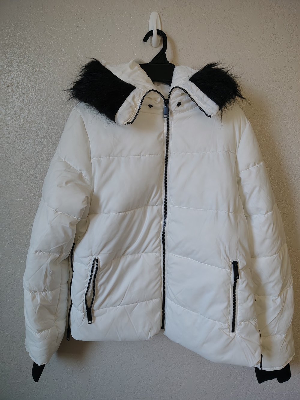 Maralyn & Me White Puffer Jacket with Black Faux-Fur Trim